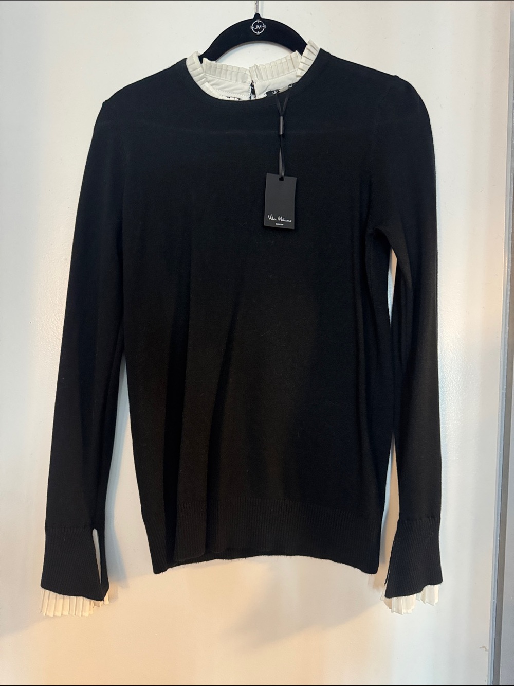 Black Knit Sweater with White Pleated Trim